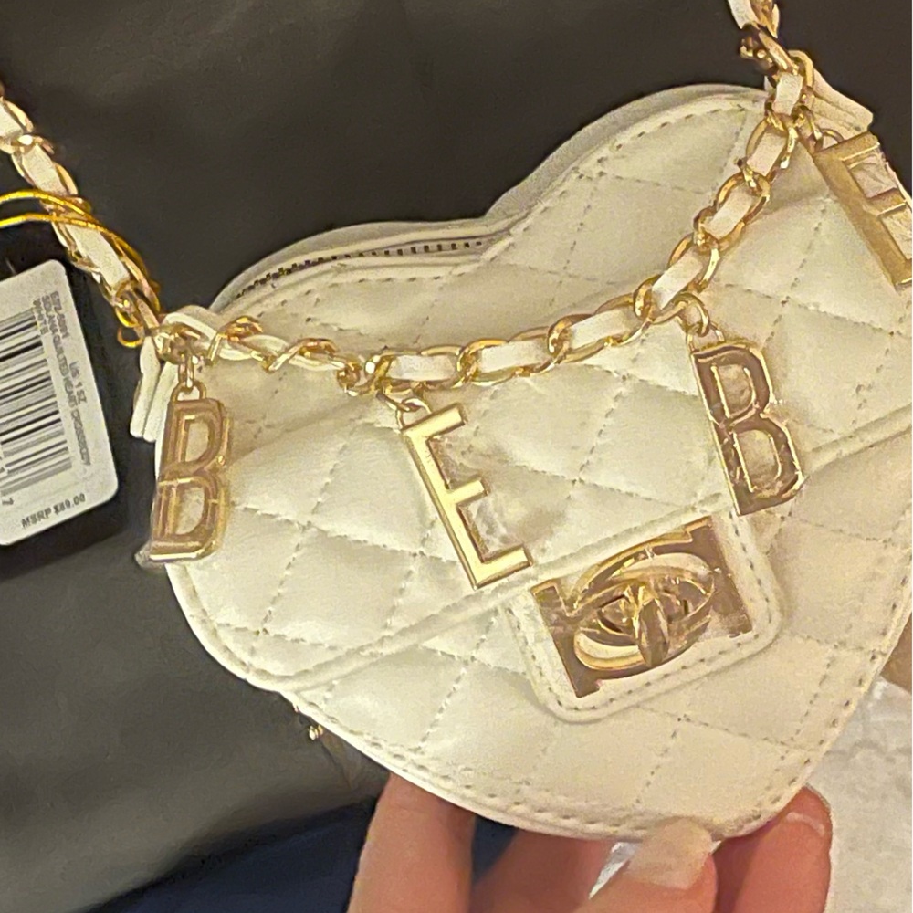 Bebe White Quilted Heart Mini Bag with Gold Accents